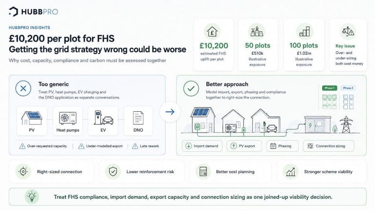 HubbPro infographic comparing a generic approach to FHS grid planning against a joined-up model of import demand, PV export, phasing, and connection sizing across a residential scheme.