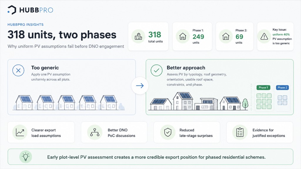 HubbPro infographic comparing a generic uniform PV assumption across identical houses with a better plot-level approach across varied house typologies, roof geometry, and phased delivery for a 318-unit scheme.
