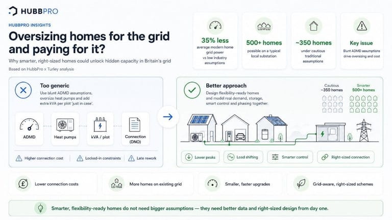 HubbPro infographic titled Oversizing homes for the grid and paying for it, comparing a generic ADMD and oversizing approach against a better approach with flexibility-ready homes, solar, heat pumps, EV charging, and battery storage, showing 35% less grid power, around 350 homes under cautious assumptions versus 500 or more under smarter right-sized design.